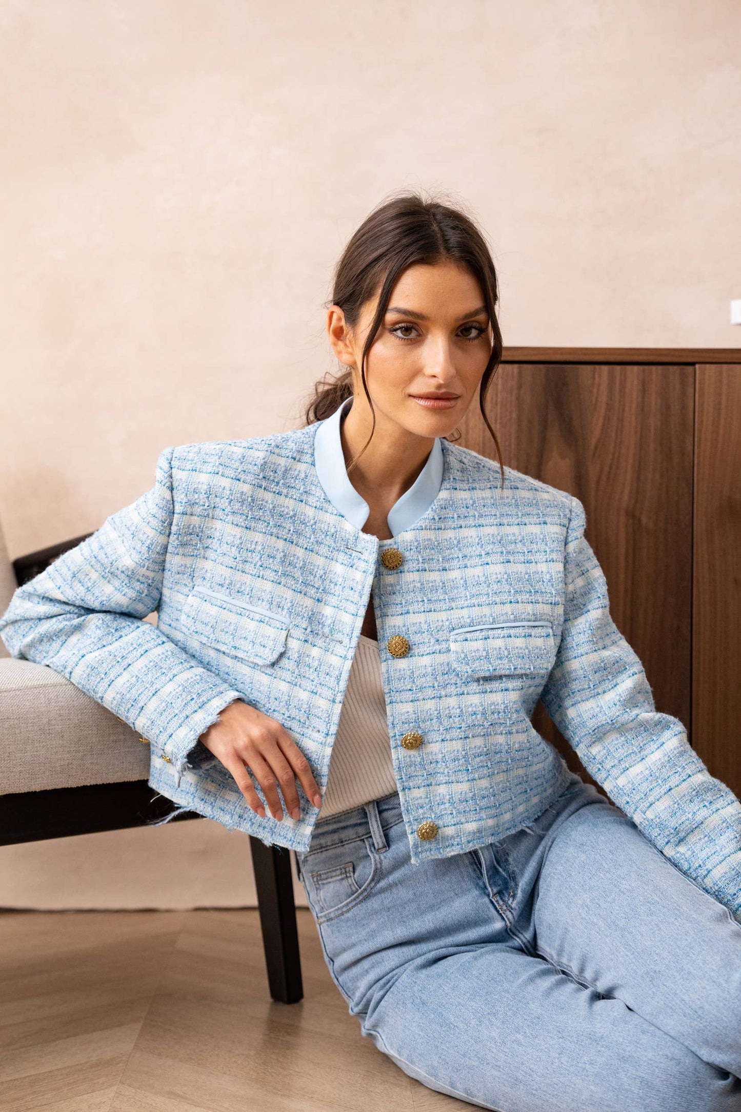 Unstructured Tweed Cropped Blazer Jacket: Sky Blue