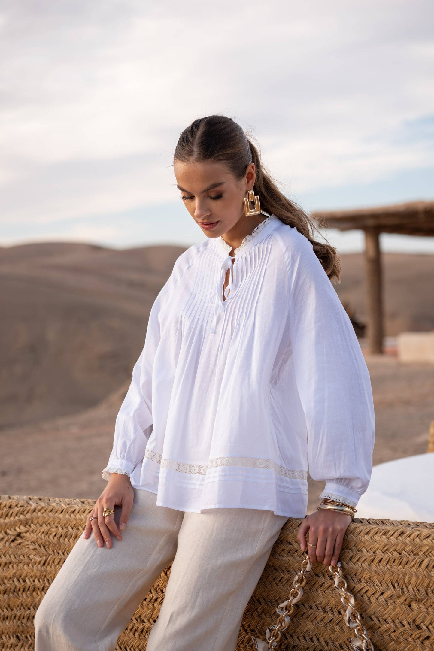 Linen Blouse with Ruffle Collar and Bow: White