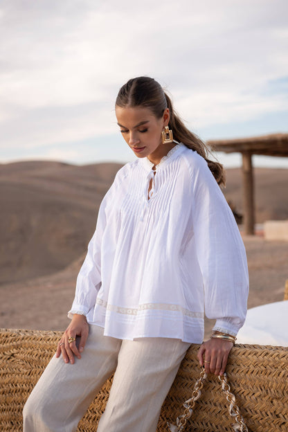 Linen Blouse with Ruffle Collar and Bow: White