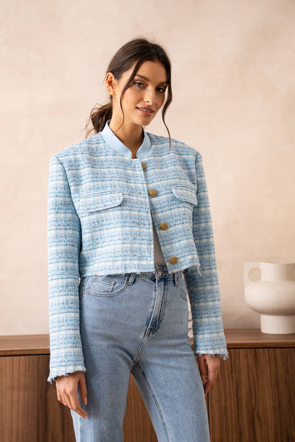 Unstructured Tweed Cropped Blazer Jacket: Sky Blue