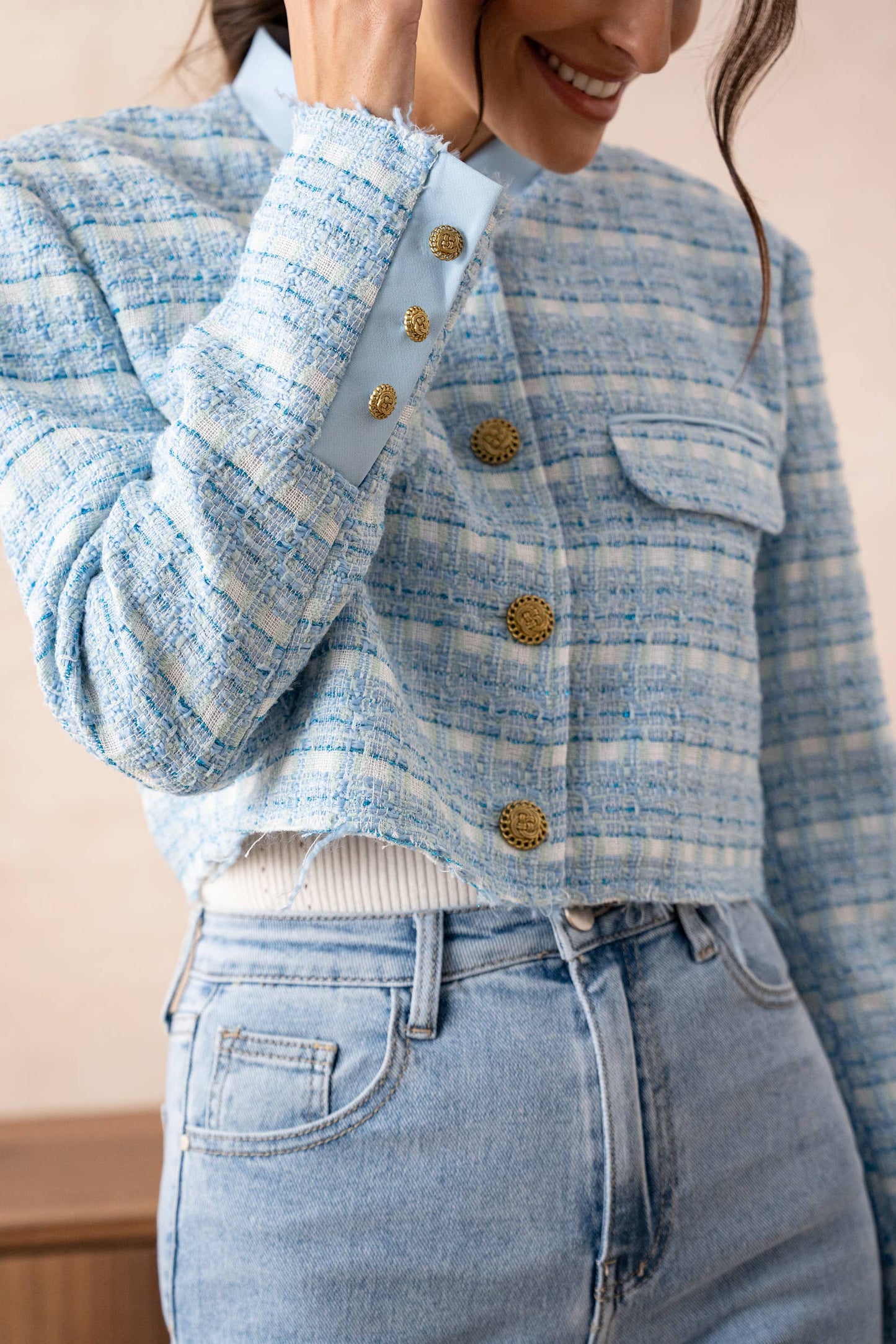 Unstructured Tweed Cropped Blazer Jacket: Sky Blue