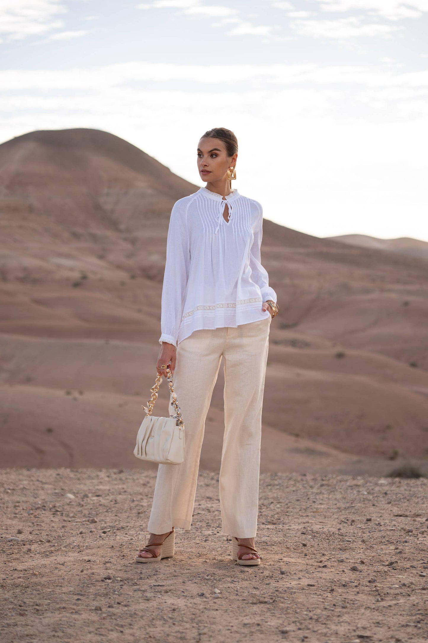 Linen Blouse with Ruffle Collar and Bow: White