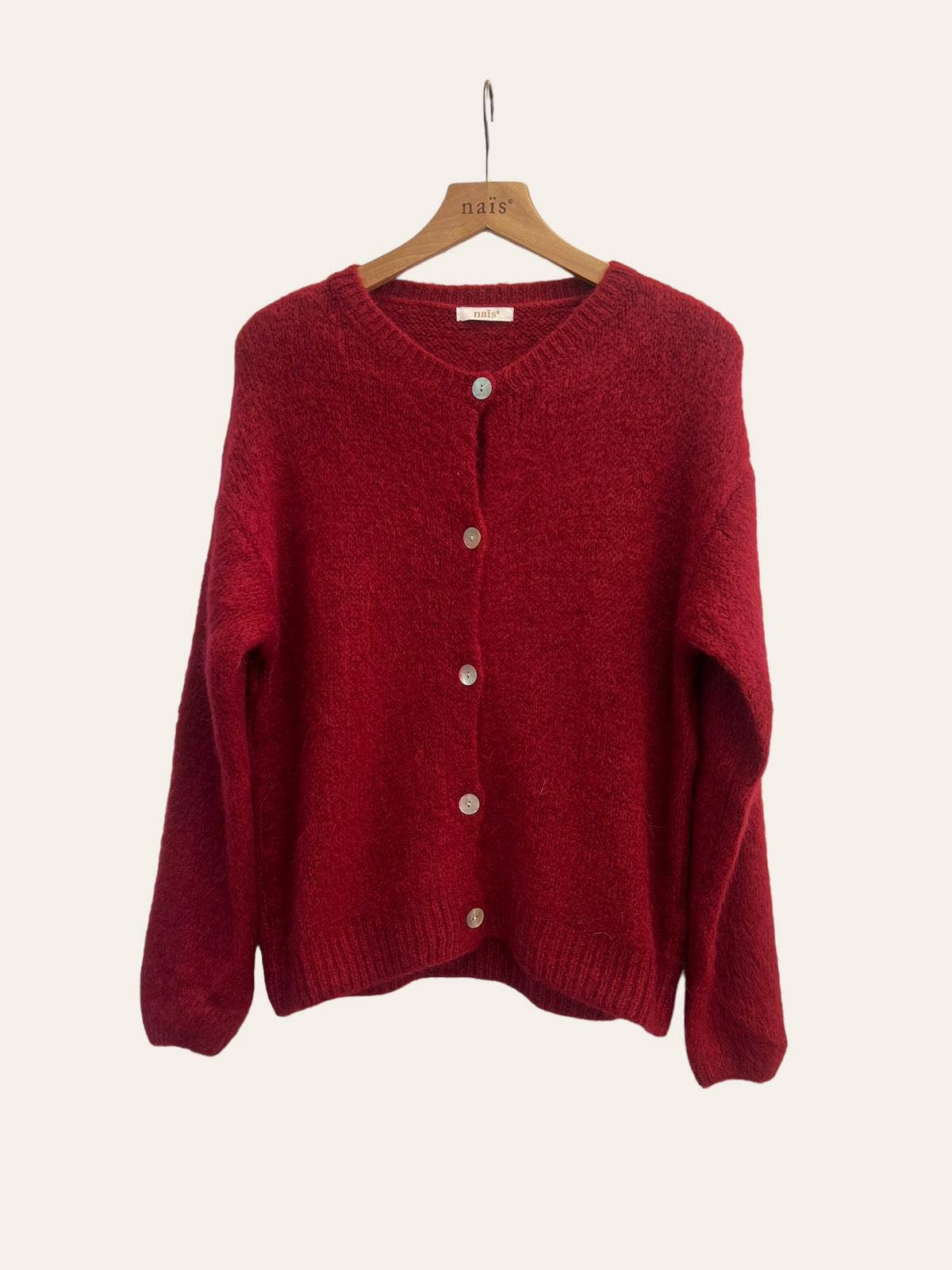 Round Neck Cardigan in Mohair Wool: Bordeaux