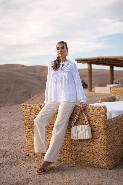 Linen Blouse with Ruffle Collar and Bow: White