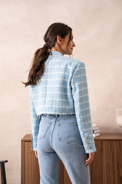 Unstructured Tweed Cropped Blazer Jacket: Sky Blue