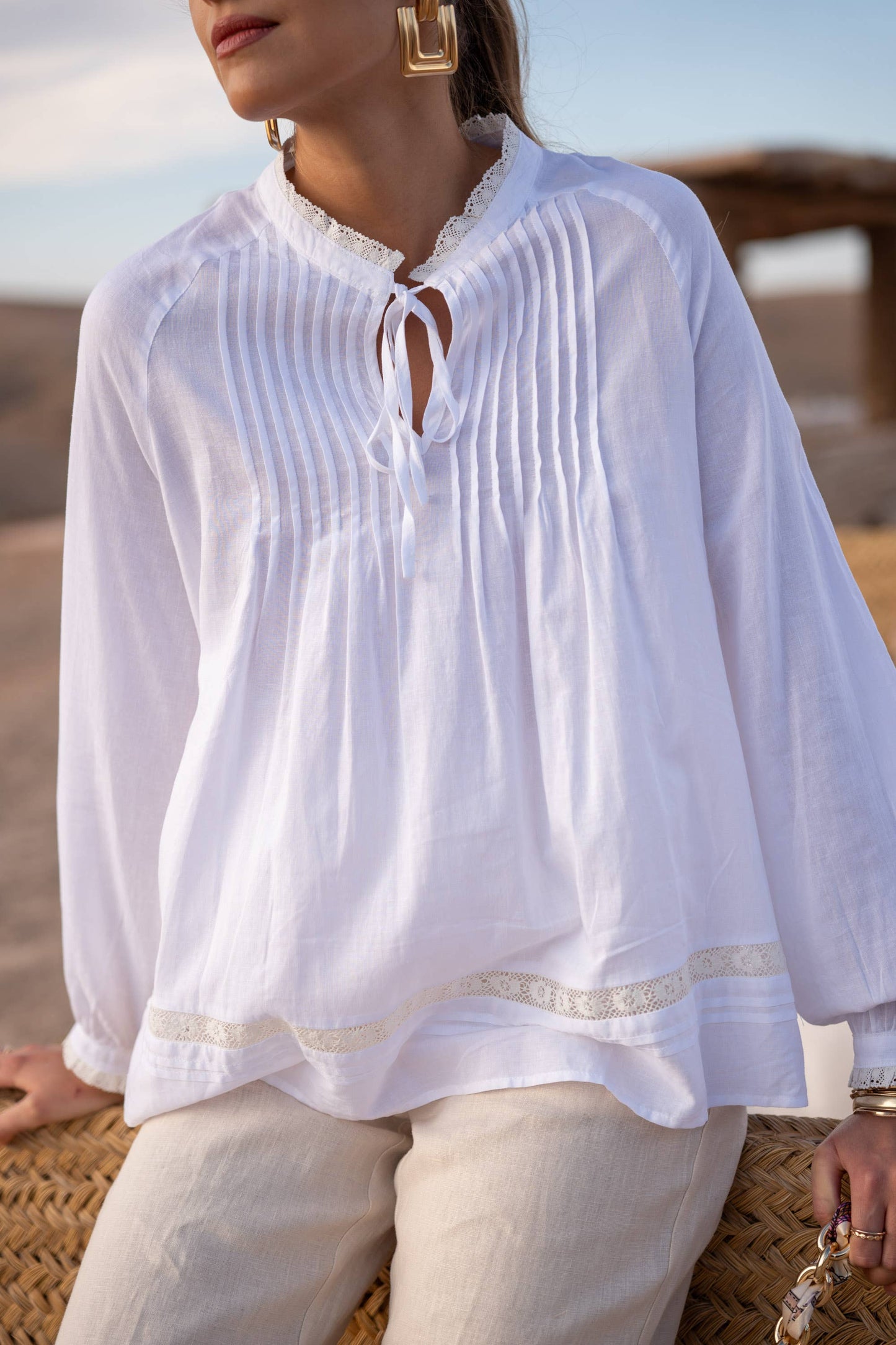 Linen Blouse with Ruffle Collar and Bow: White