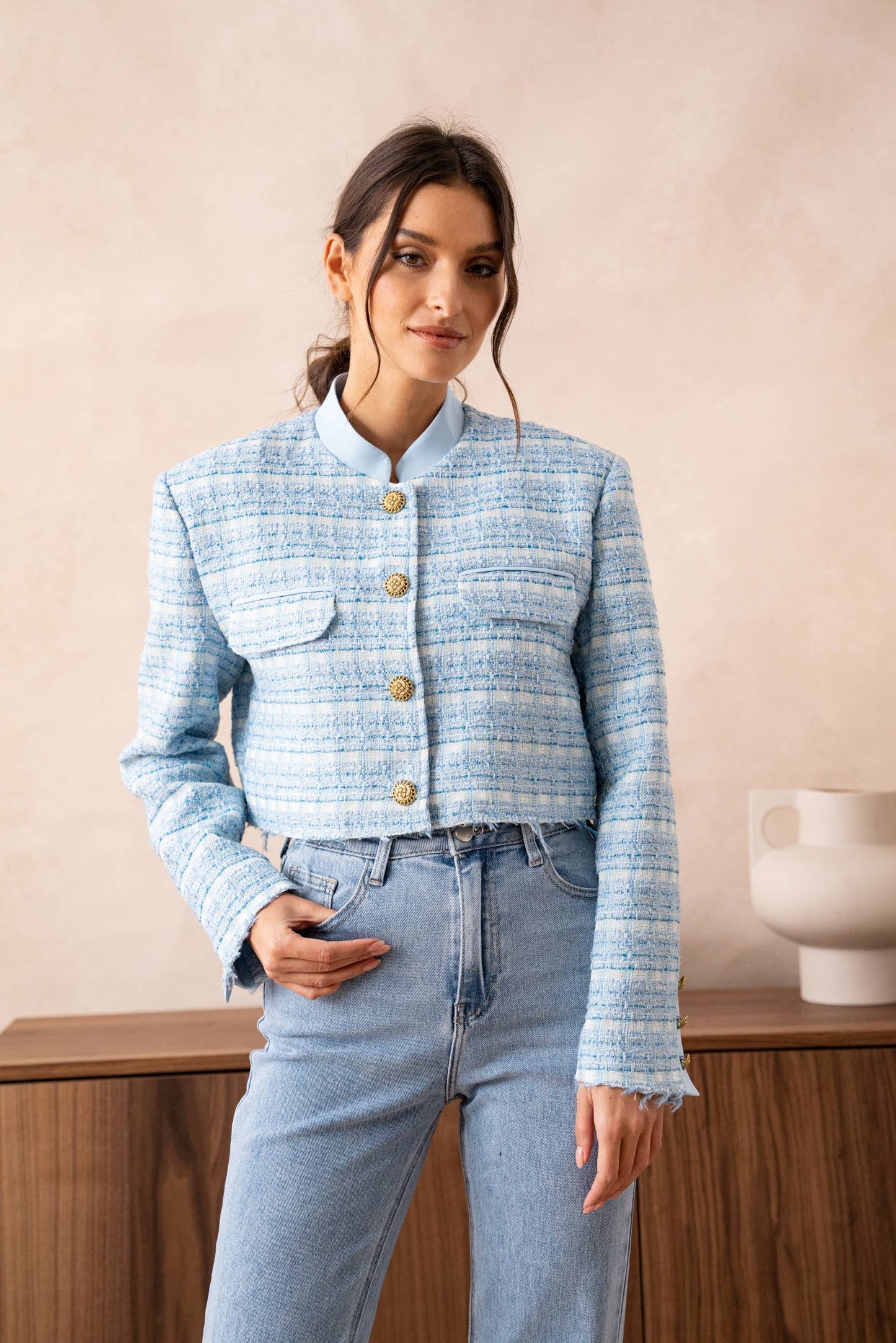 Unstructured Tweed Cropped Blazer Jacket: Sky Blue