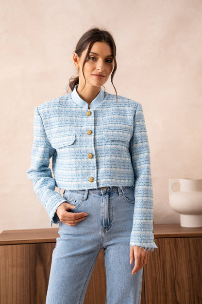 Unstructured Tweed Cropped Blazer Jacket: Sky Blue