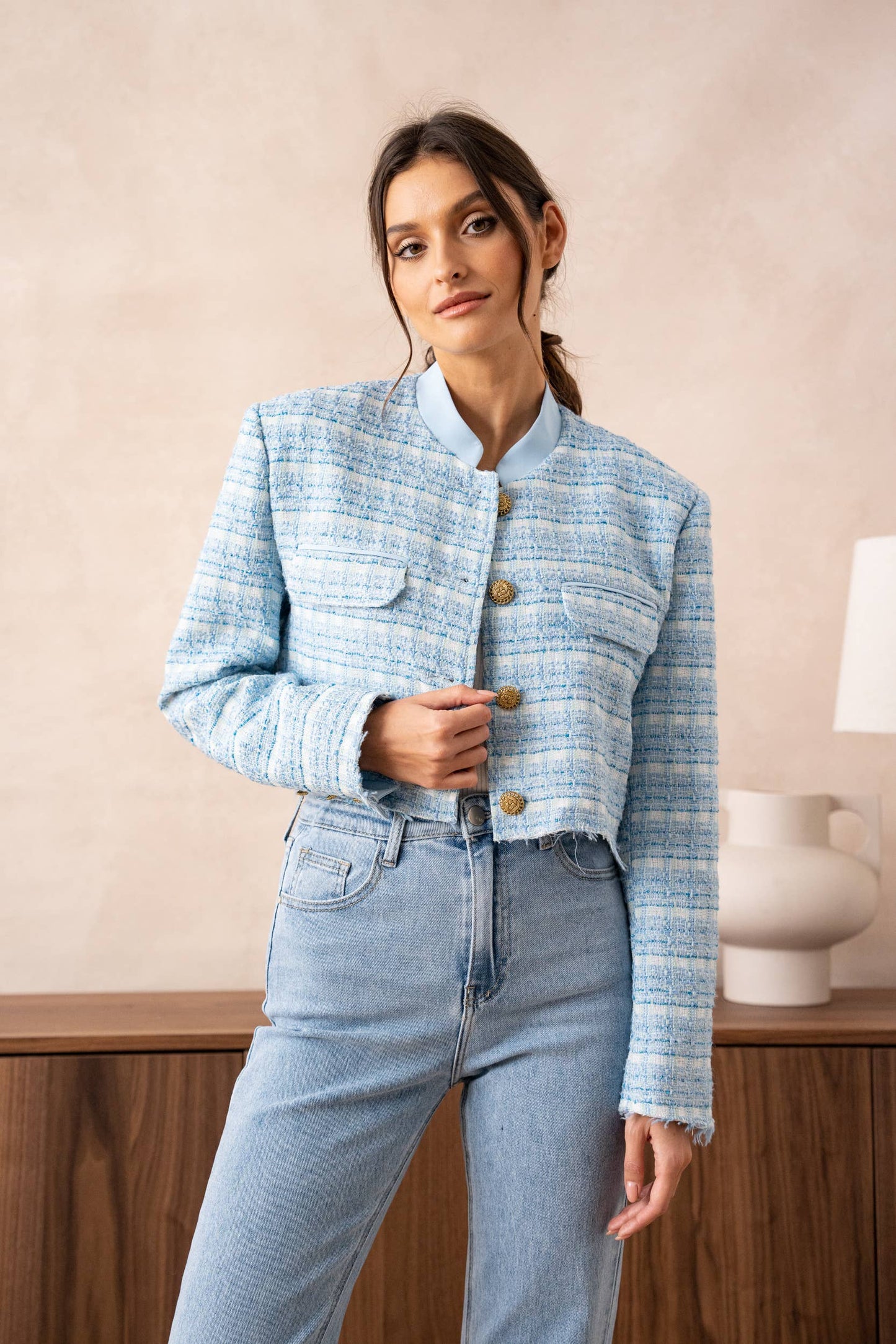 Unstructured Tweed Cropped Blazer Jacket: Sky Blue