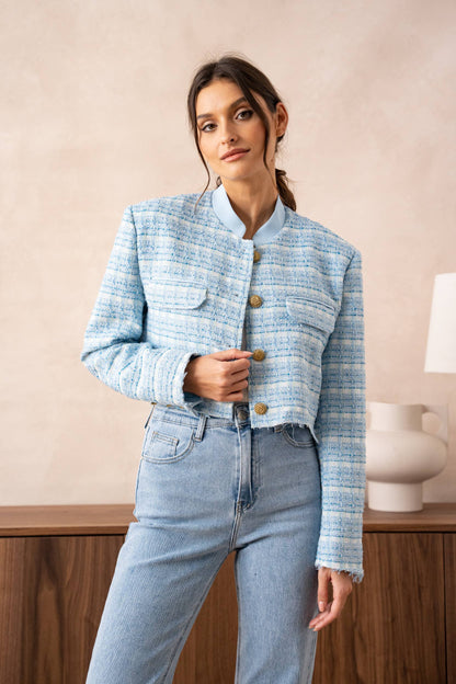 Unstructured Tweed Cropped Blazer Jacket: Sky Blue