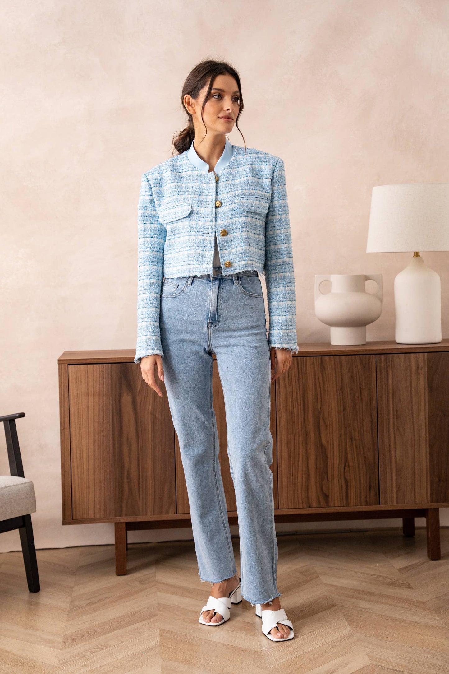 Unstructured Tweed Cropped Blazer Jacket: Sky Blue