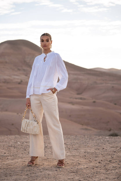 Linen Blouse with Ruffle Collar and Bow: White