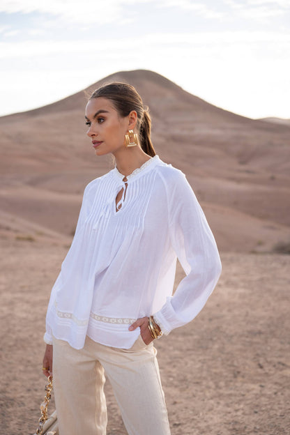 Linen Blouse with Ruffle Collar and Bow: White