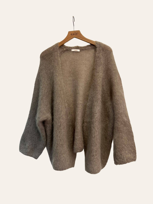 Loose Mid-Length Cardigan Mohair: Taupe