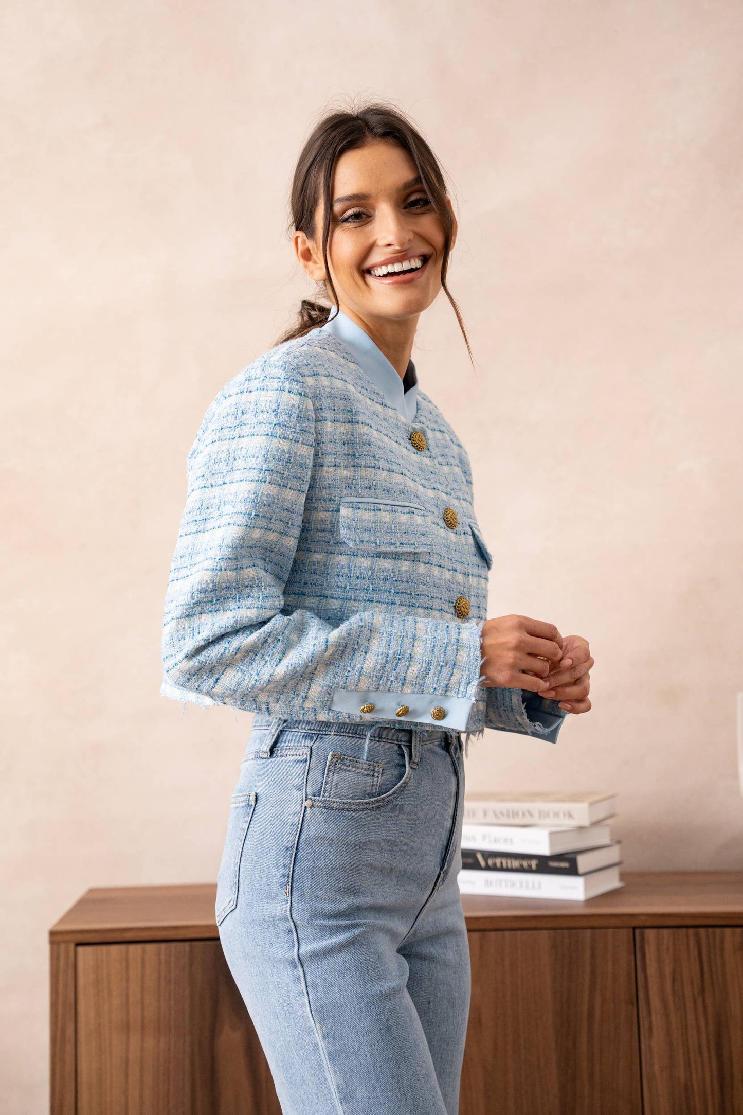 Unstructured Tweed Cropped Blazer Jacket: Sky Blue